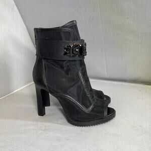Karl Lagerfeld Paris Blayze Lug  Booties Black Mesh Rhinstone Peep Toe Sz 7.5
